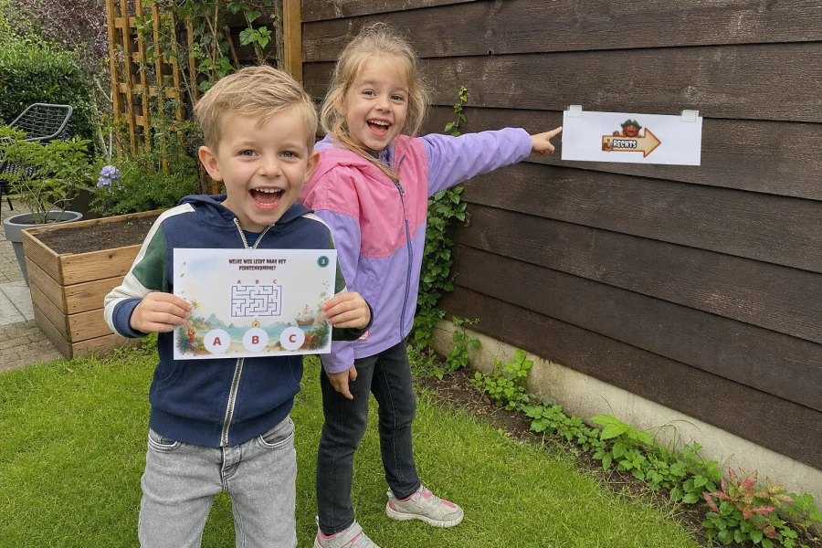 Kinderen vinden een pijl op de schutting in de tuin