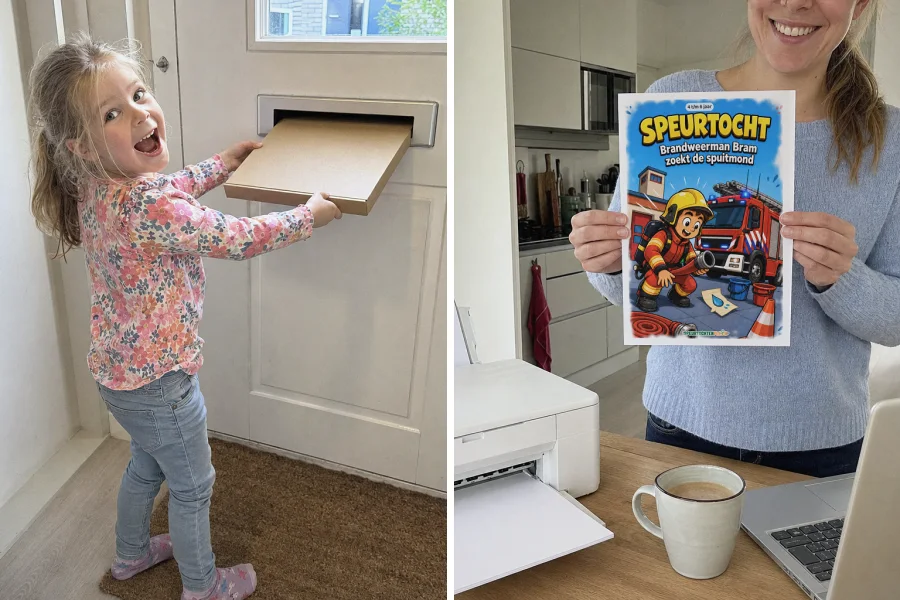 Links pakt een meisje het pakket uit de brievenbus, rechts houdt mama de zelf geprinte speurtocht vast