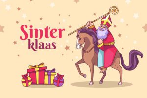 Illustratie van Sinterklaas op zijn paard met cadeautjes en sterren op de achtergrond. Perfect voor Sinterklaas pakjesavond, Sinterklaas spelletjes en Sinterklaas ideeën voor kinderen.