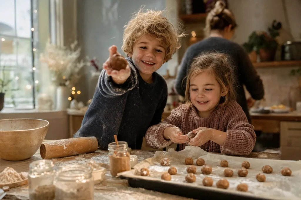 Twee kinderen rollen samen pepernoten in de keuken