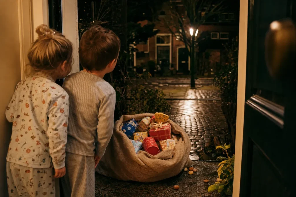 Twee kinderen in pyjama kijken vanuit de deuropening naar de jute zak met pakjes op de stoep
