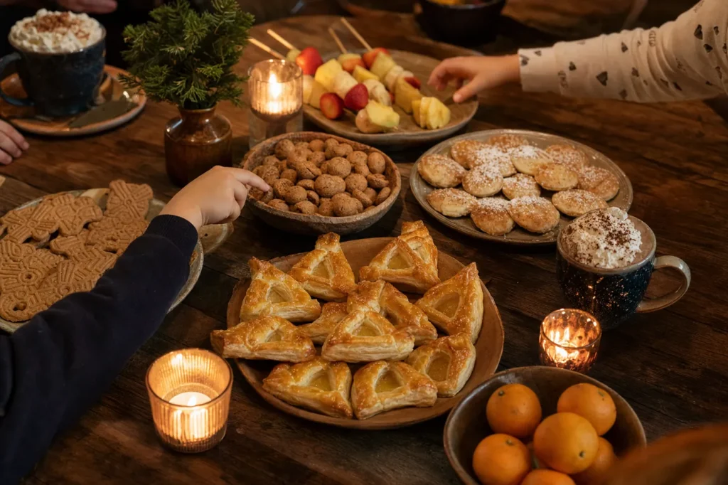 Tafel met Sinterklaaslekkers: bladerdeeg mijters, pepernoten, speculaas, poffertjes, fruitspiesjes en chocolademelk