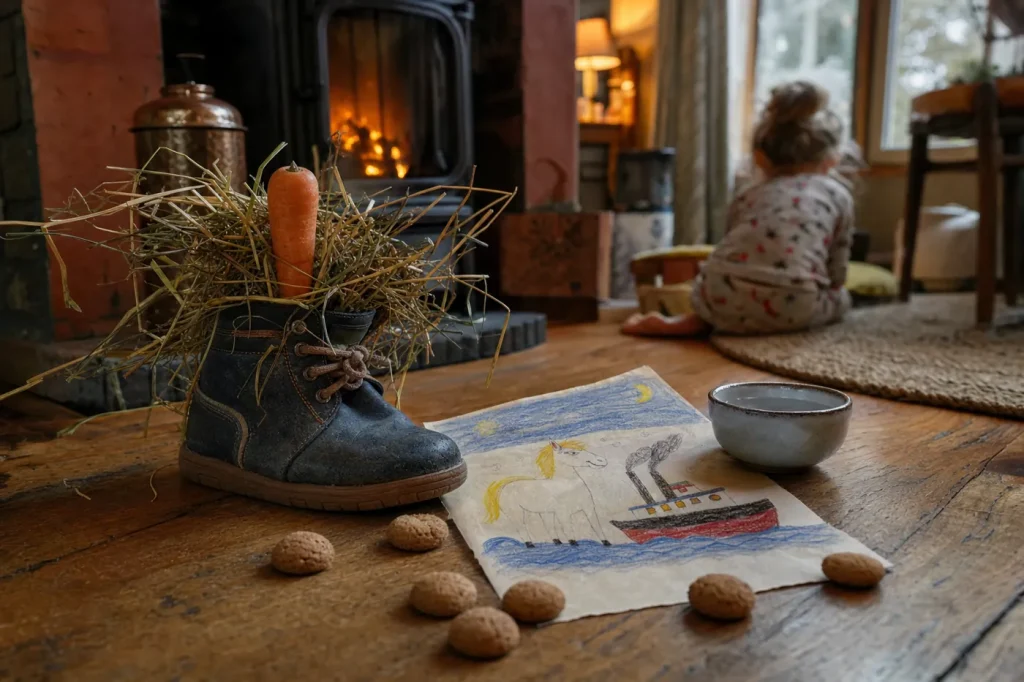 Kinderschoen met wortel en hooi voor het paard van Sinterklaas, met een tekening en pepernoten bij de kachel