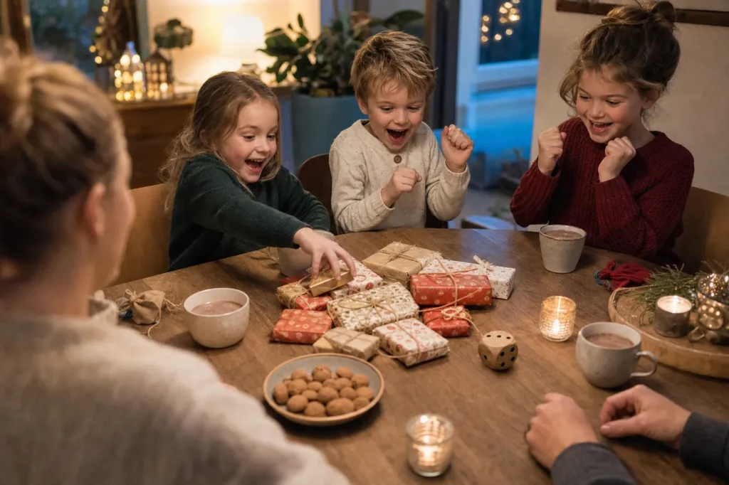 Kinderen juichen bij het pakjesdobbelspel aan de eettafel met kleine pakjes, pepernoten en chocolademelk