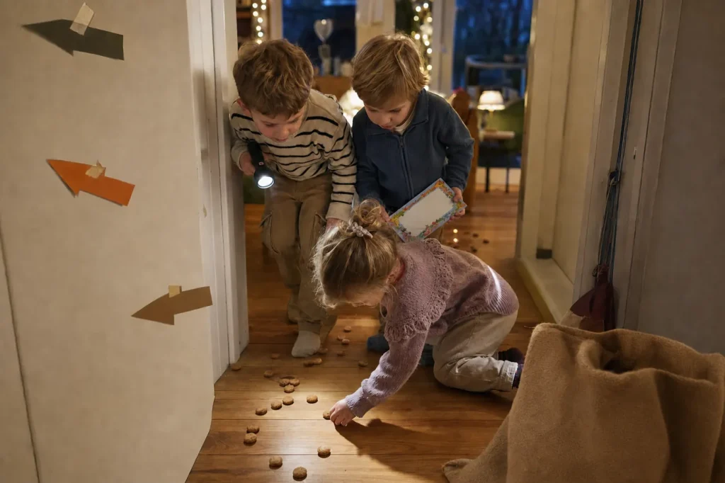 Kinderen volgen met een zaklamp en een opdrachtkaart een spoor van pepernoten door de gang tijdens een Sinterklaas speurtocht
