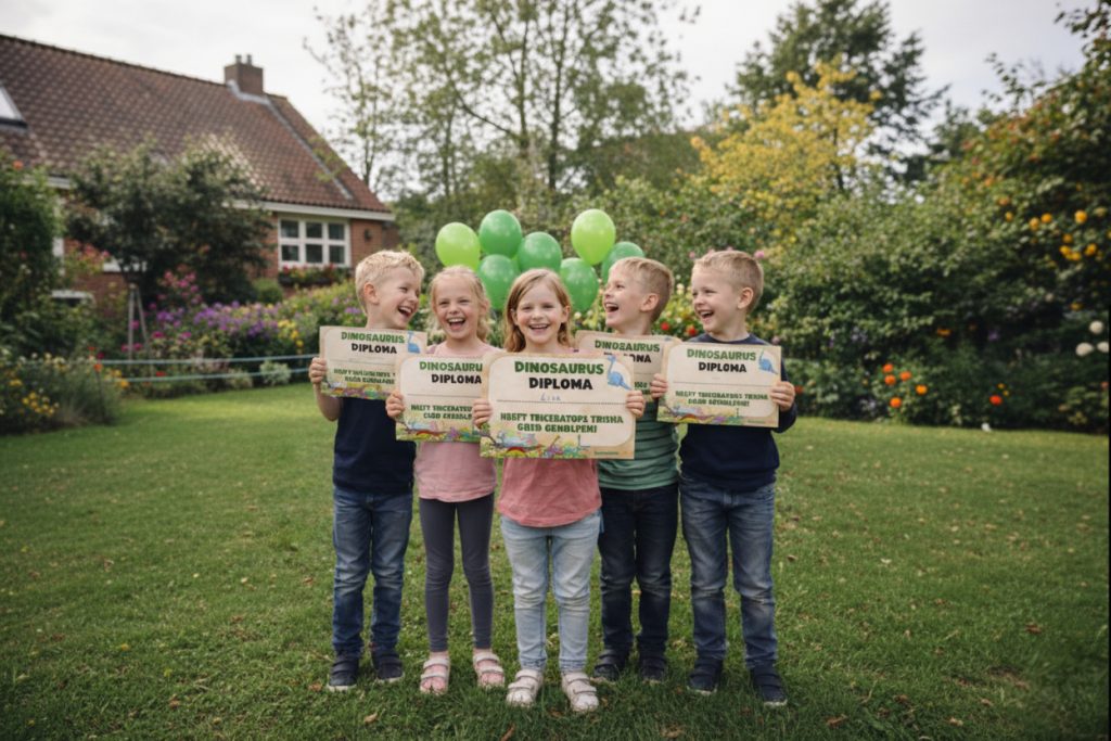 Vijf kinderen in tuin met groene ballonnen tonen dinosaurus diploma na speurtocht kinderfeestje buiten.