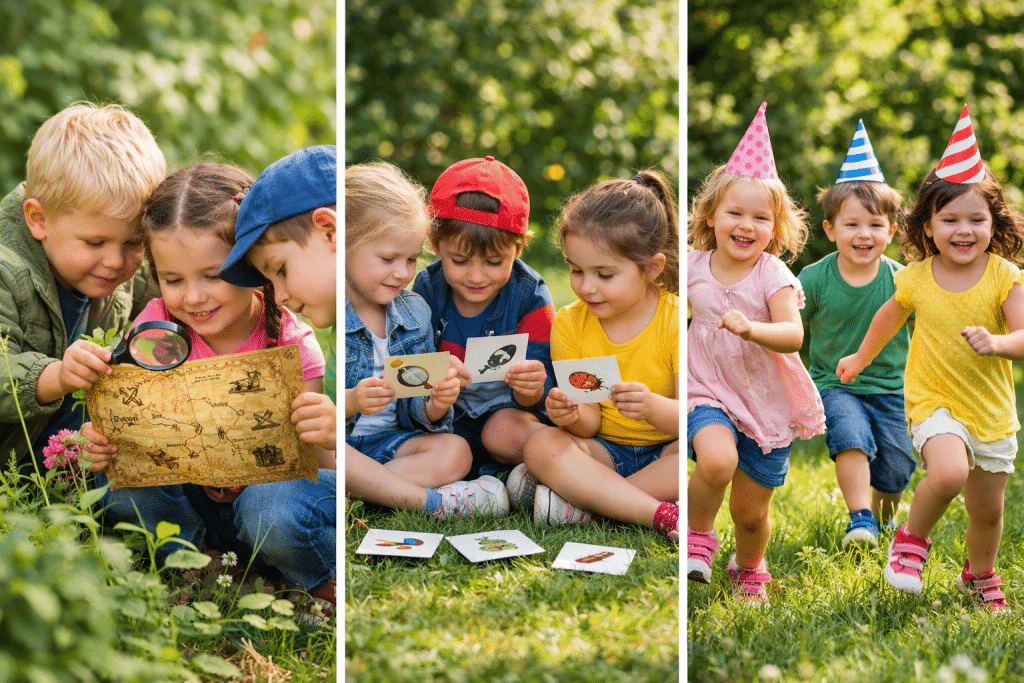 Kinderen van 4 jaar doen een speurtocht kinderfeestje in de tuin