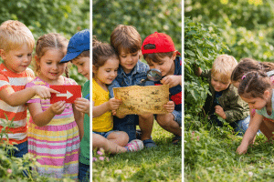 Kinderen van 5 jaar doen een speurtocht kinderfeestje