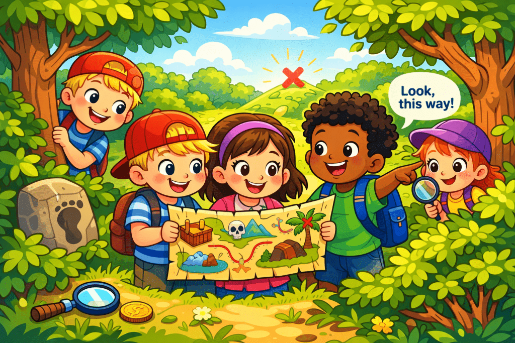 Kinderen van 6 jaar doen een speurtocht kinderfeestje