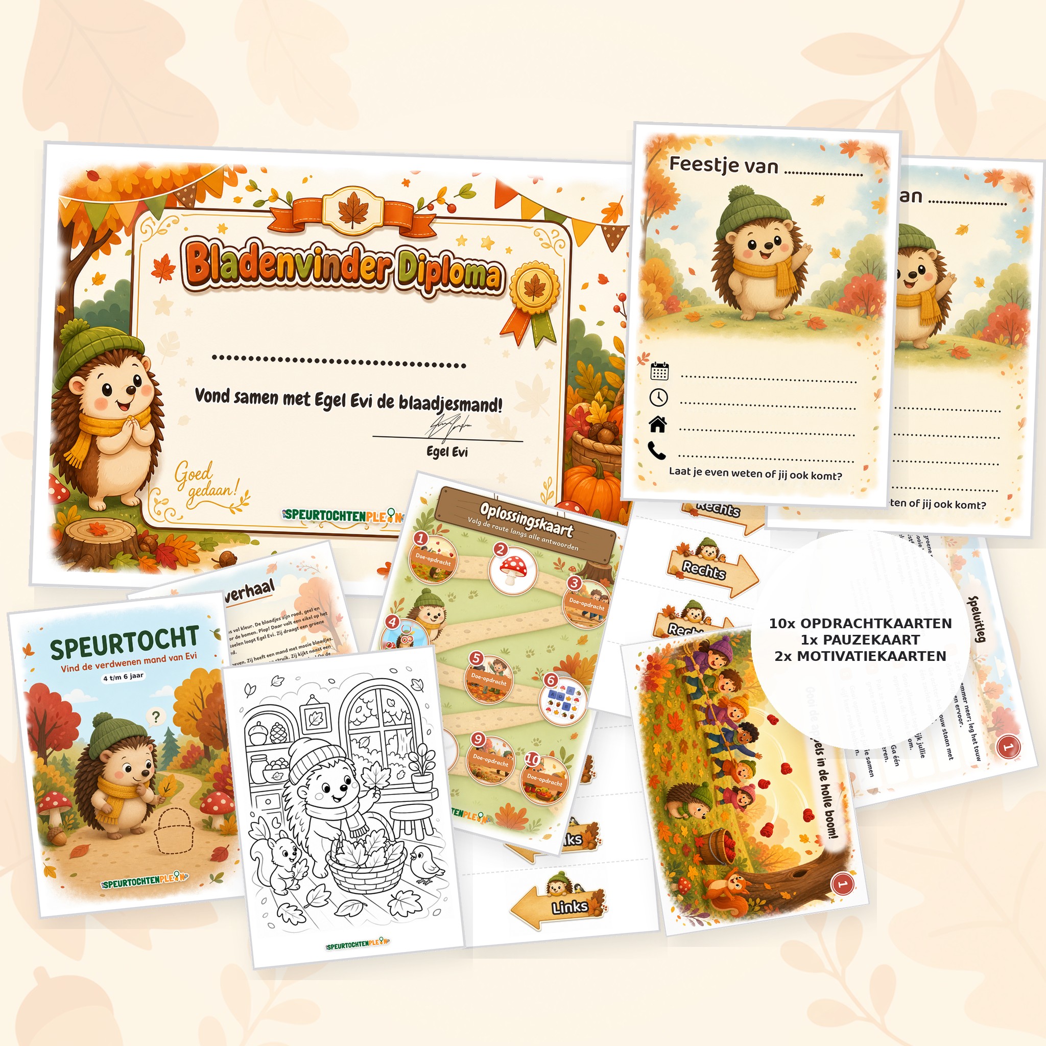 Complete herfst Speurtocht voor een kinderfeestje met voorblad, opdrachtkaarten, uitnodigingen, diploma en kleurplaat