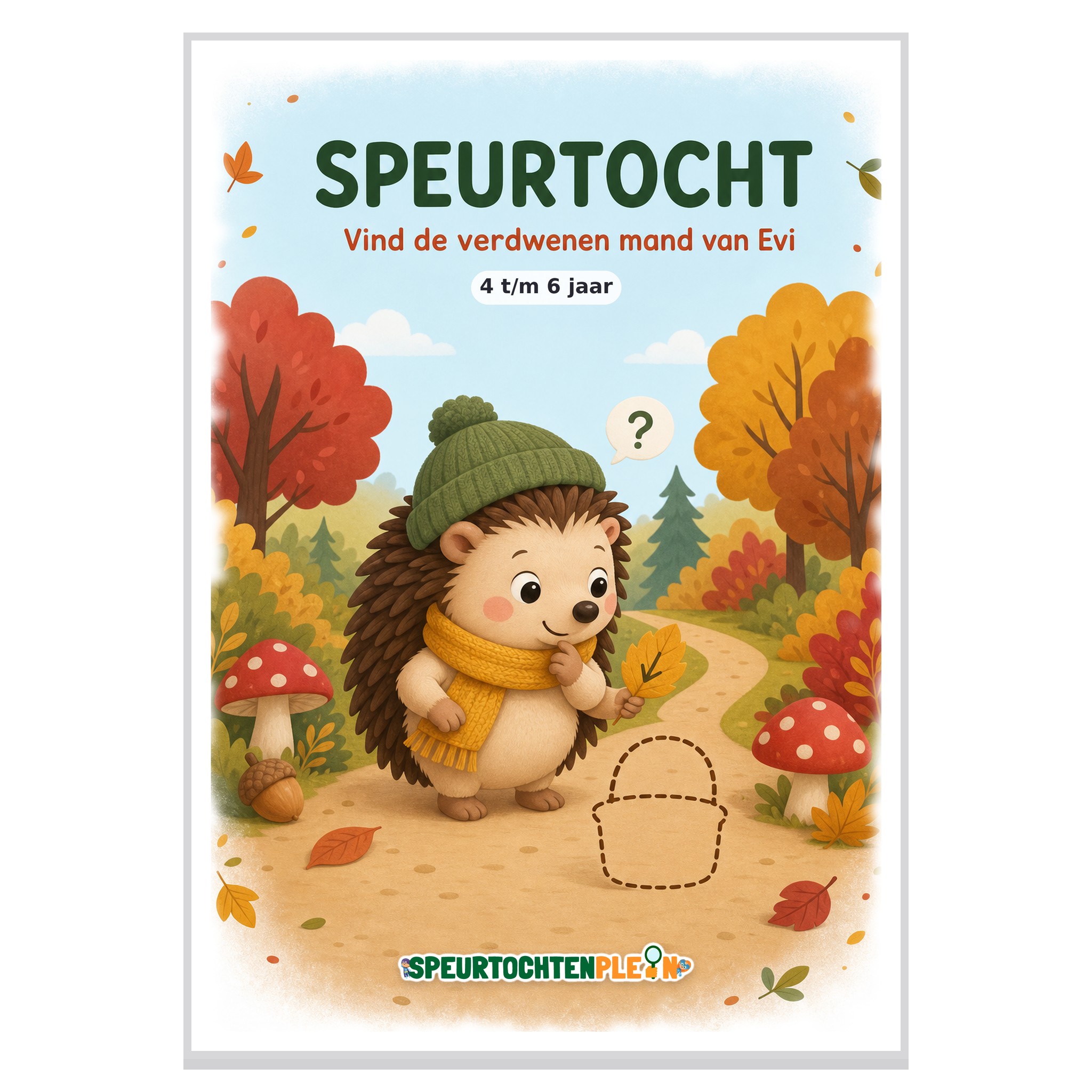 Voorblad van de herfst Speurtocht met Egel Evi, een egel met een groene muts