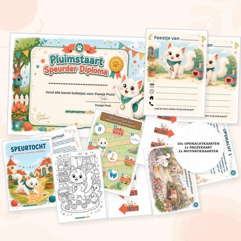 Complete Poezen Speurtocht voor een kinderfeestje met voorblad, opdrachtkaarten, uitnodigingen, diploma en kleurplaat