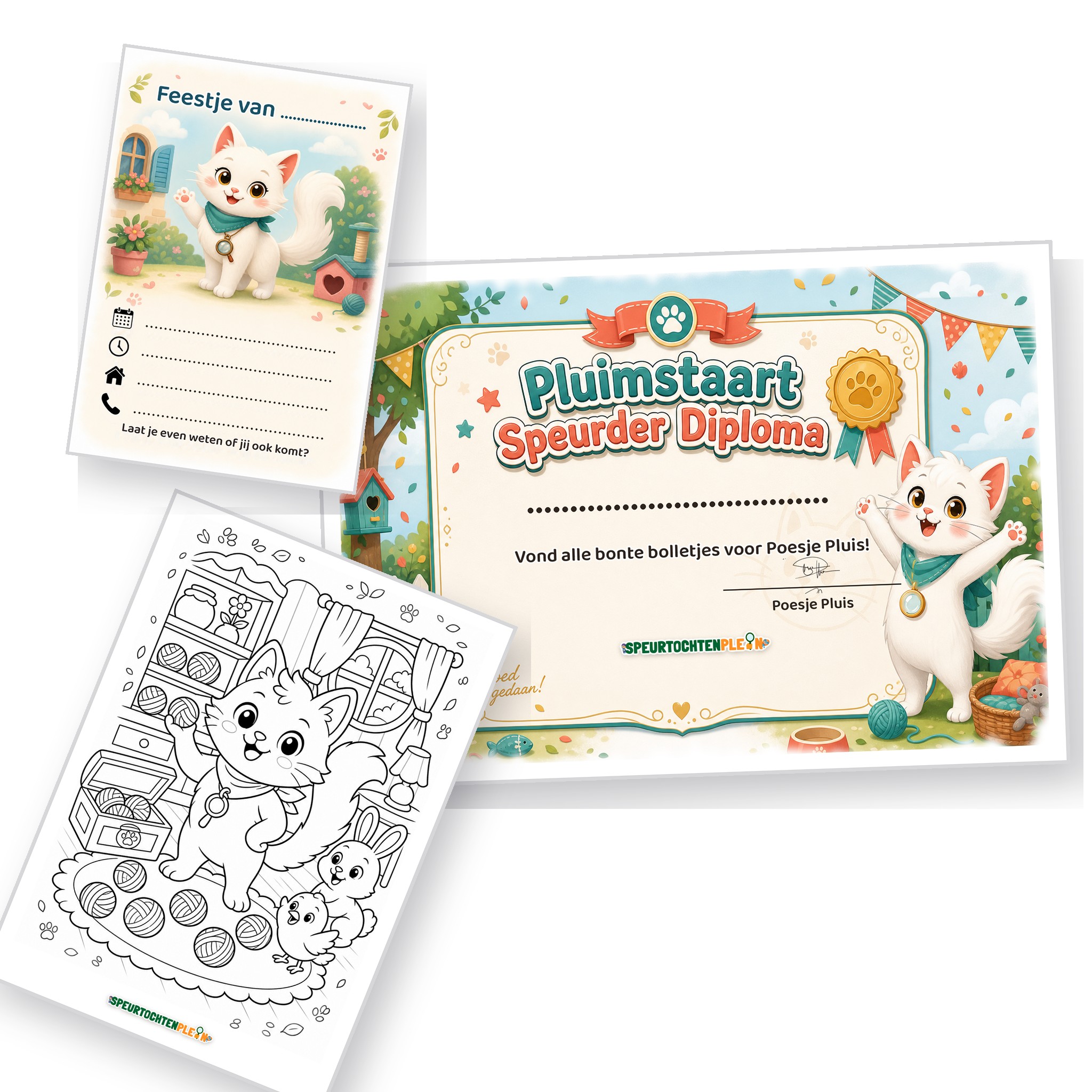 Uitnodiging, diploma en kleurplaat van de Poezen Speurtocht