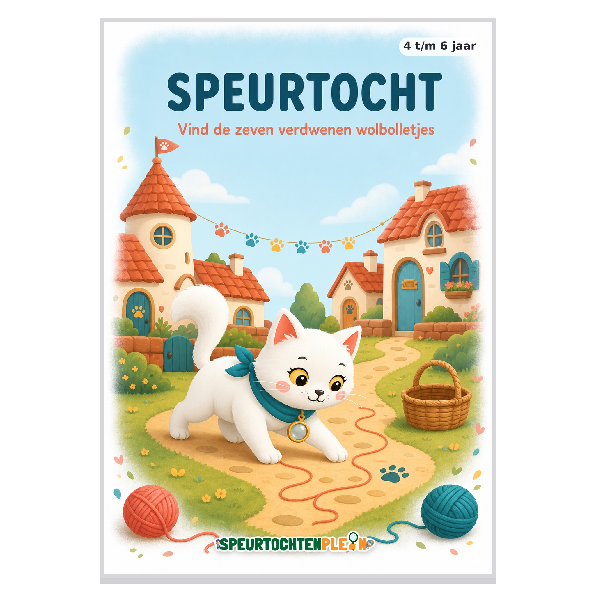 Voorblad van de Poezen Speurtocht met Poesje Pluis, een avontuurlijke witte poes met een pluimstaart
