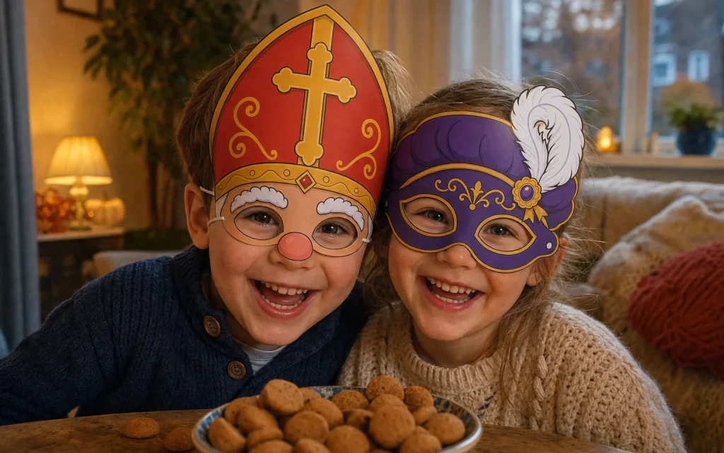 Twee lachende kinderen met het Sinterklaasmasker en het hulppietmasker
