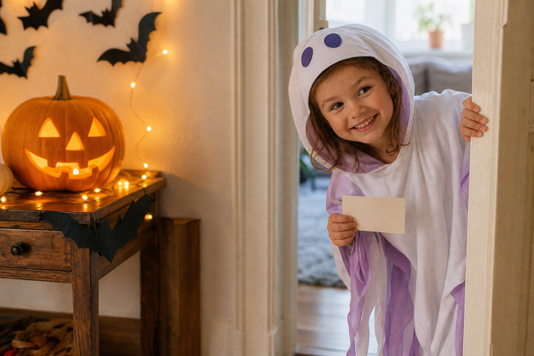 Kind in vriendelijk spookkostuum speelt een speurtocht bij warme Halloween-decoratie binnenshuis