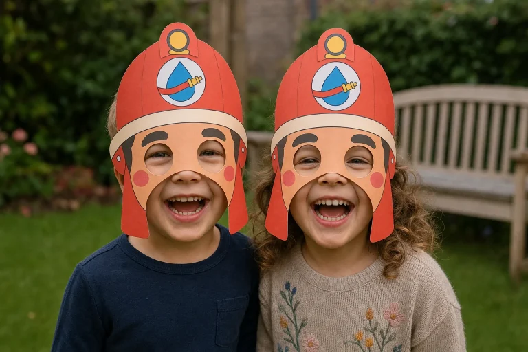 Kinderen met zelfgemaakte brandweerhelm-maskers op een kinderfeestje