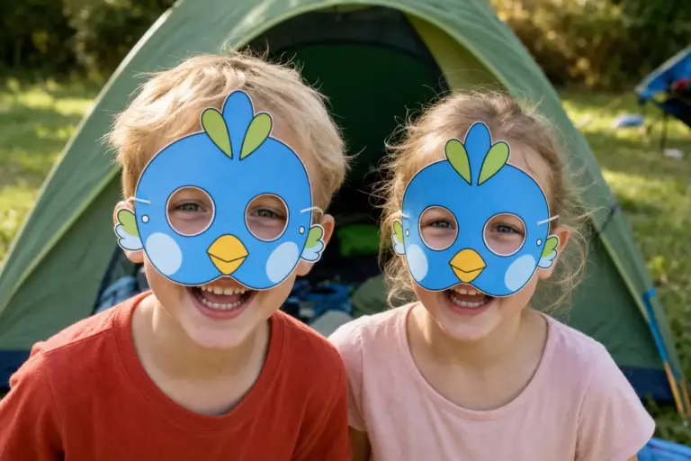 Twee kinderen met blauw vogeltjesmasker met geel snaveltje en kuifje