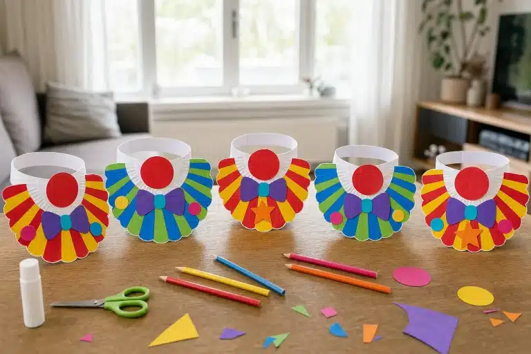 Zelfgemaakte clownskraag van papieren bordje met rode clownsneus