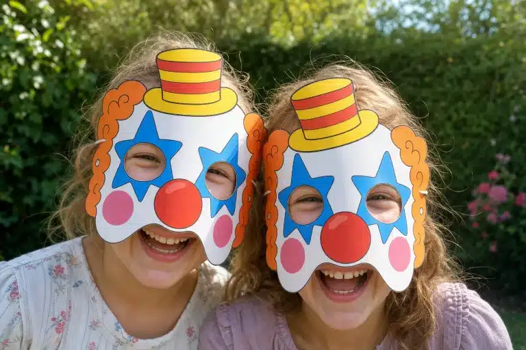Twee kinderen dragen vrolijke clownsmaskers met oranje krullen