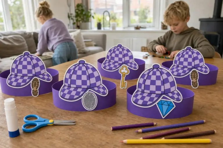 Zelfgemaakte speurdersband met papieren pet, vergrootglas en diamant als bewijsstukje