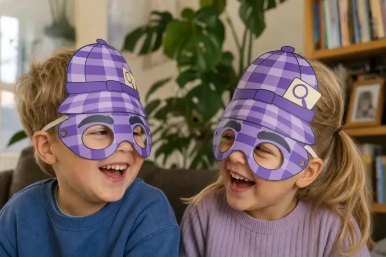Twee kinderen dragen paarse detectivemaskers met ruitjespet en vergrootglas
