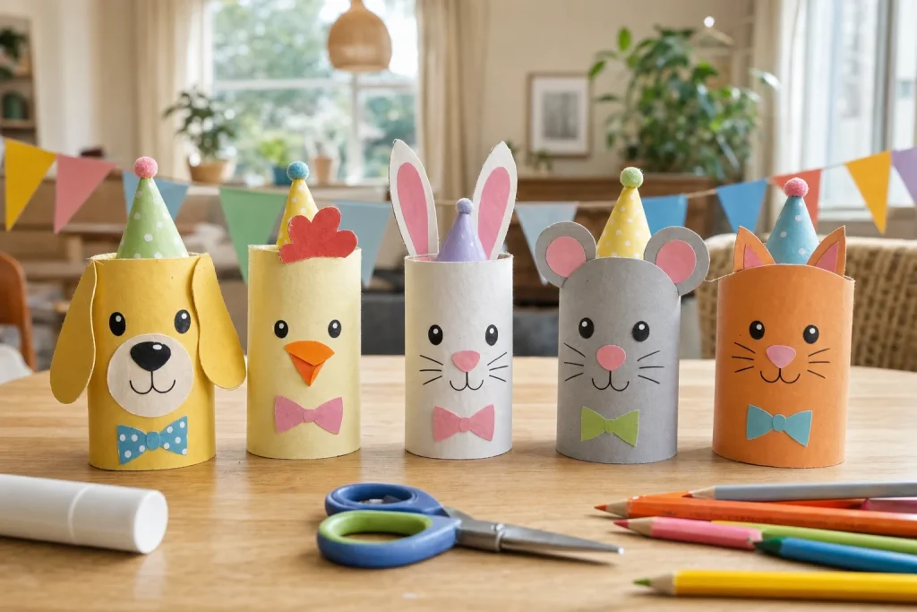 Geknutselde dierenvriendjes van wc-rolletjes met wapperende oren en feestmutsjes