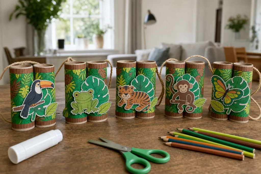 Zelfgemaakte jungle-verrekijker van wc-rolletjes met blaadjes en aapje