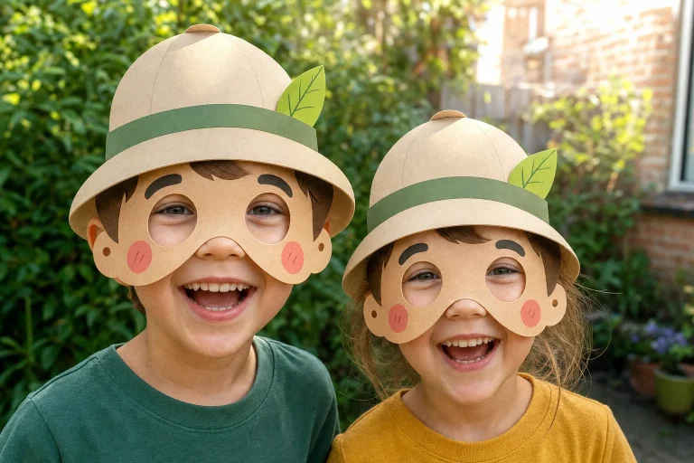 Twee kinderen met masker van jungle-ontdekker met hoed op