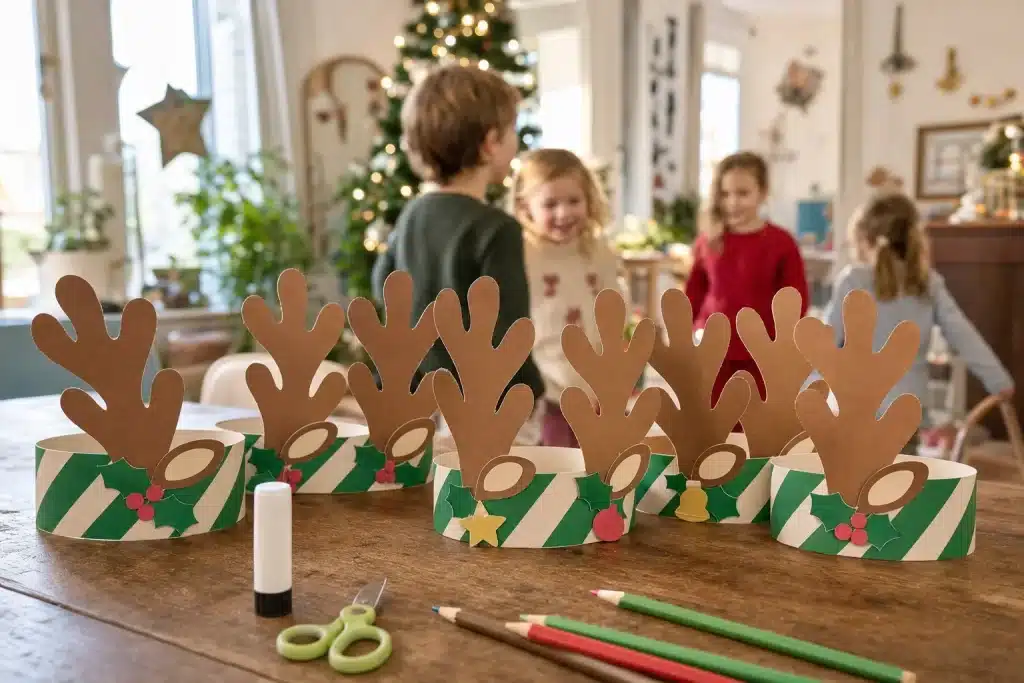 Zelfgemaakt rendiergewei op papieren hoofdband met ster, belletje en hulst