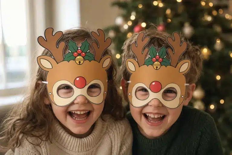 Twee kinderen met rendier-oogmasker en gewei bij de kerstboom