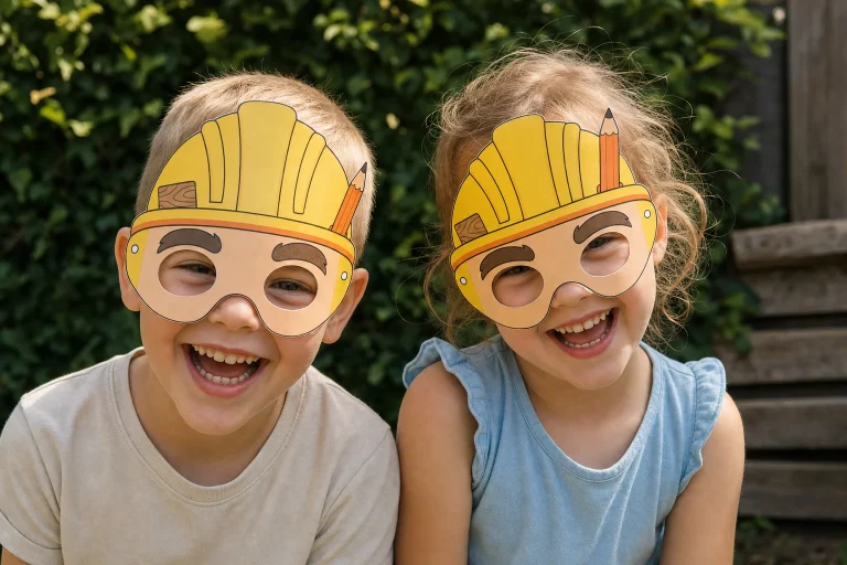 Twee kinderen met papieren klusmasker met gele bouwhelm en potlood