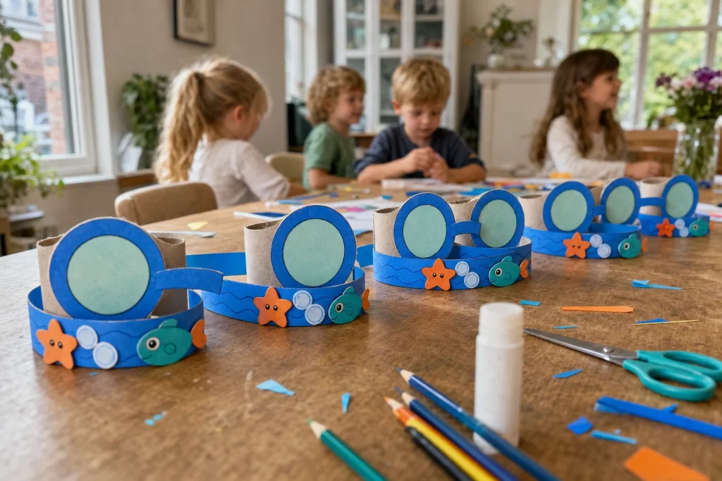 Zelfgemaakte duikbril van wc-rolletje met zeester, luchtbellen en visje
