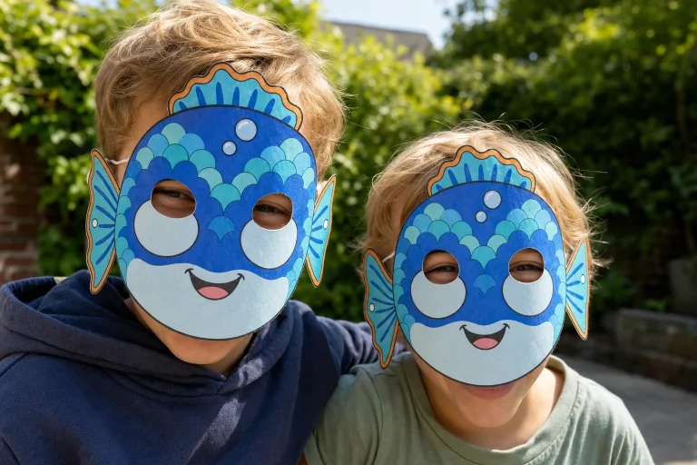 Twee kinderen met blauwe vissenmaskers en zelfgemaakte duikbril op het hoofd