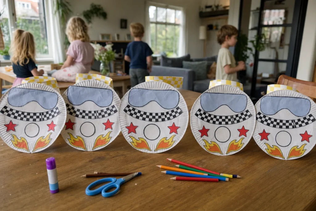 Zelfgemaakte racehelm van papieren bordje met vizier en startnummer