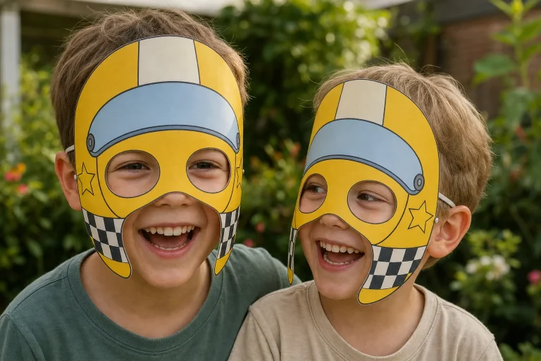 Kinderen met gele racehelm-maskers en opgeklapt vizier voor hun ogen