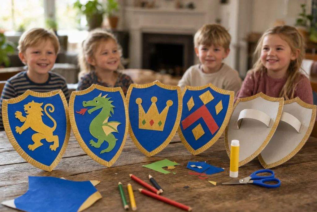 Zelfgemaakt ridderschild van papieren bordje met gouden rand en leeuw