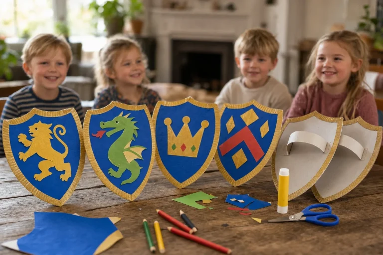Zelfgemaakt ridderschild van papieren bordje met gouden rand en leeuw
