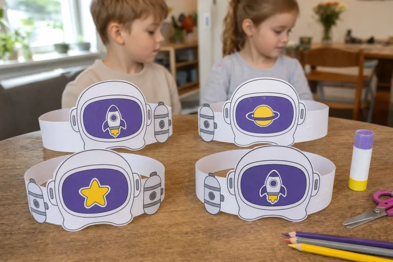 Zelfgemaakte papieren astronautenhelm met vizier, zuurstoftanks en sterretje