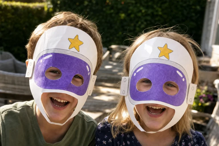 Twee kinderen dragen witte astronautenhelmmaskers met paars vizier