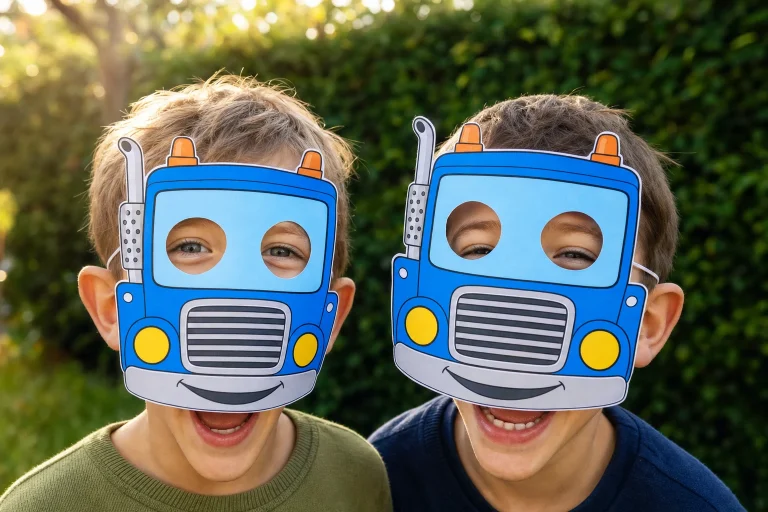 Twee kinderen met vrolijk vrachtwagenmasker en blauwe cabine