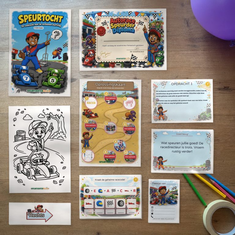 Alle onderdelen van de Autorace Speurtocht op tafel: voorblad, diploma, oplossingskaart, kleurplaat, opdrachtkaarten, speluitleg, uitnodigingen en pijlen