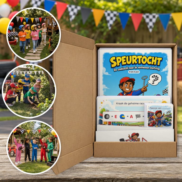 Autorace Speurtocht als brievenbuspakket, met foto's van kinderen op speurtocht