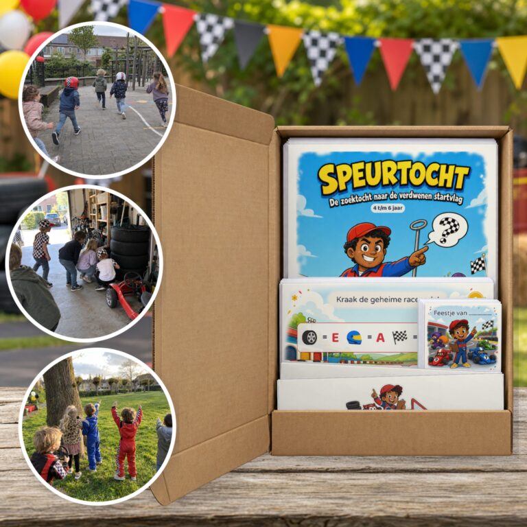 Autorace Speurtocht als brievenbuspakket, met foto's van kinderen op speurtocht