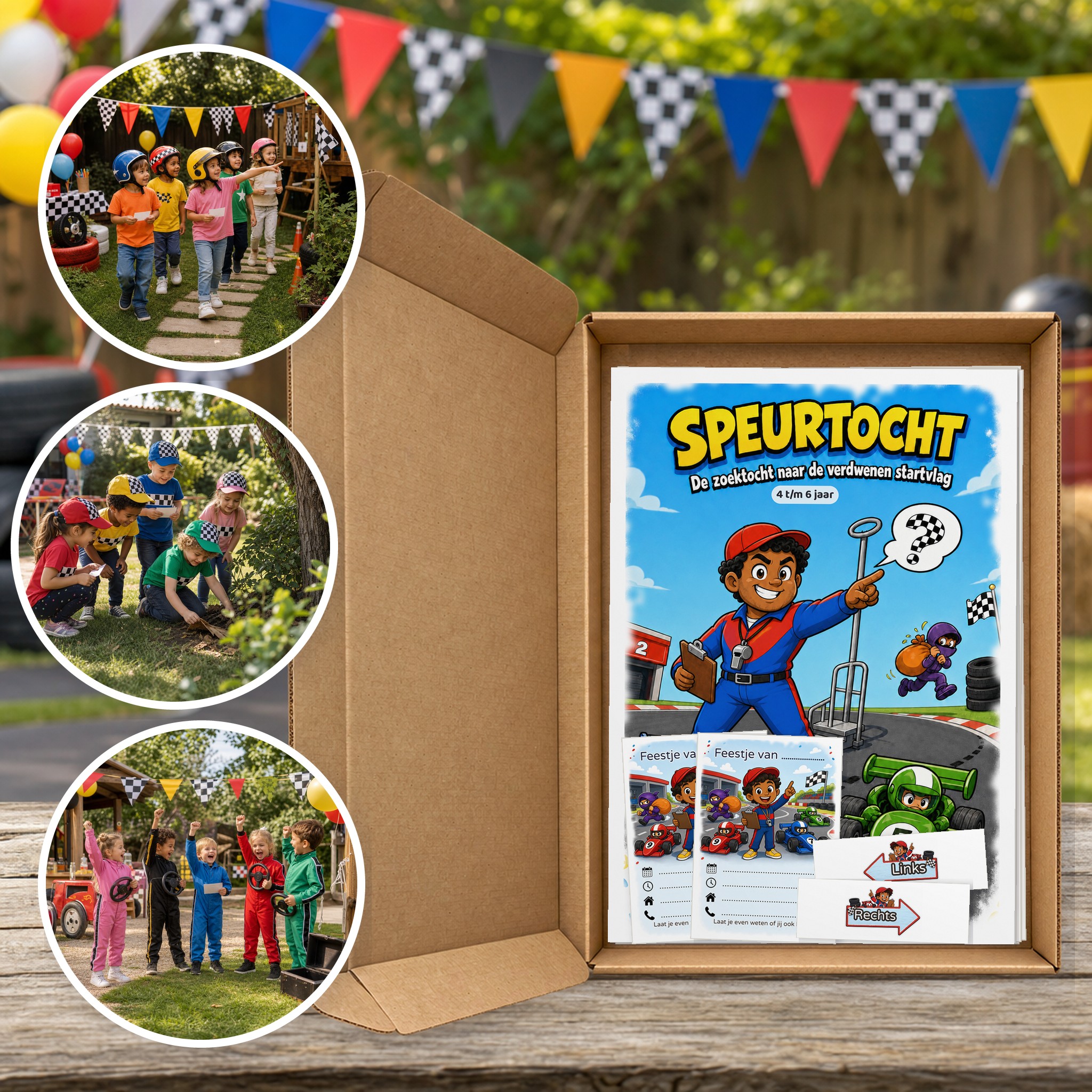 Autorace Speurtocht als brievenbuspakket, met foto's van kinderen op speurtocht