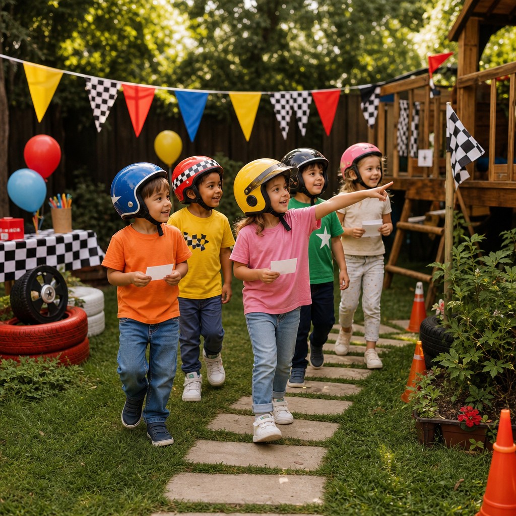 Kinderen op speurtocht tijdens een Autorace Speurtocht kinderfeestje