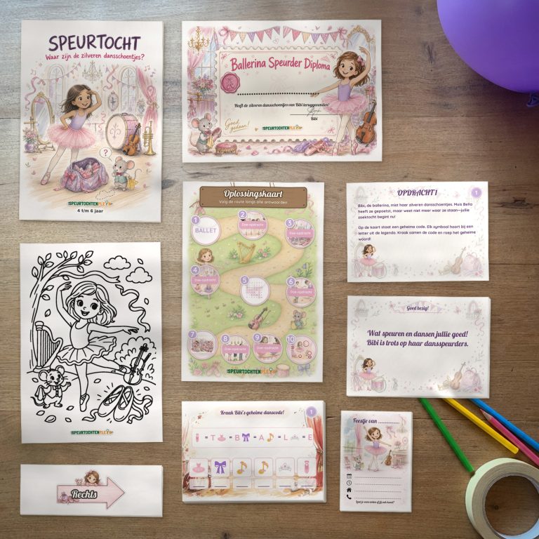 Alle onderdelen van de Ballerina Speurtocht op tafel: voorblad, diploma, oplossingskaart, kleurplaat, opdrachtkaarten, speluitleg, uitnodigingen en pijlen