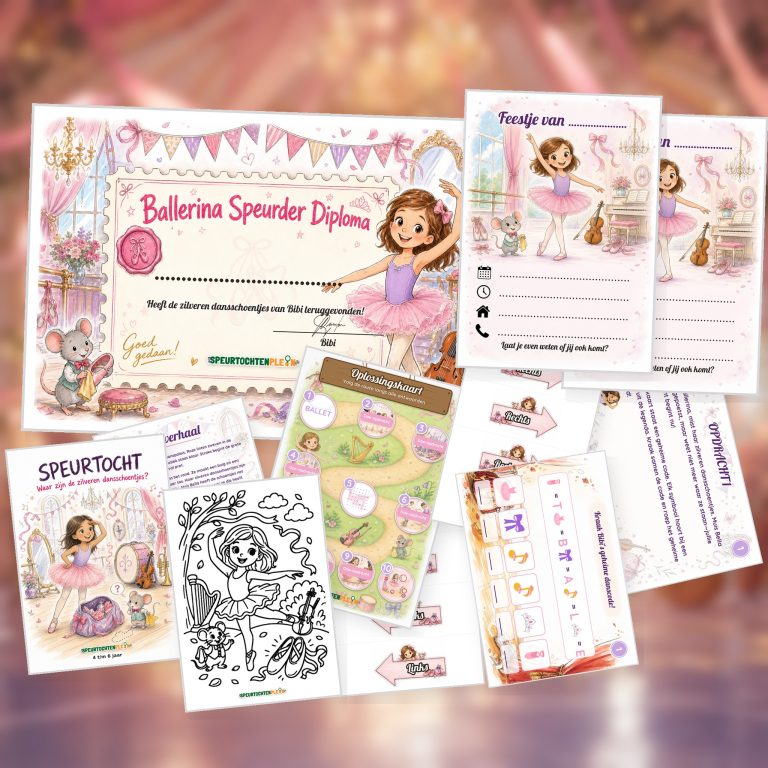 Overzicht van de Ballerina Speurtocht met voorblad, verhaal, opdrachtkaart, speluitleg, uitnodigingen, oplossingskaart, kleurplaat, pijlen en diploma