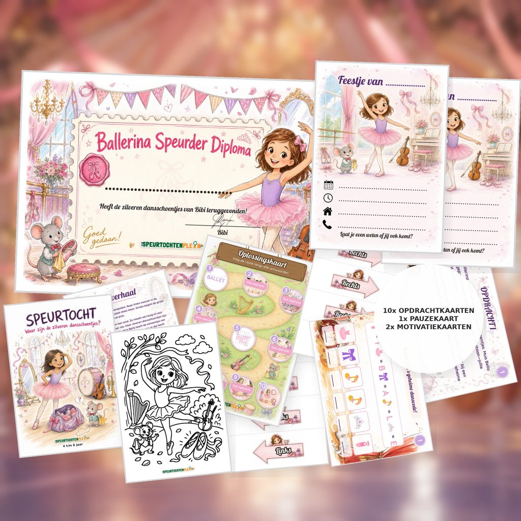 Complete Ballerina Speurtocht voor een kinderfeestje met voorblad, opdrachtkaarten, uitnodigingen, diploma en kleurplaat