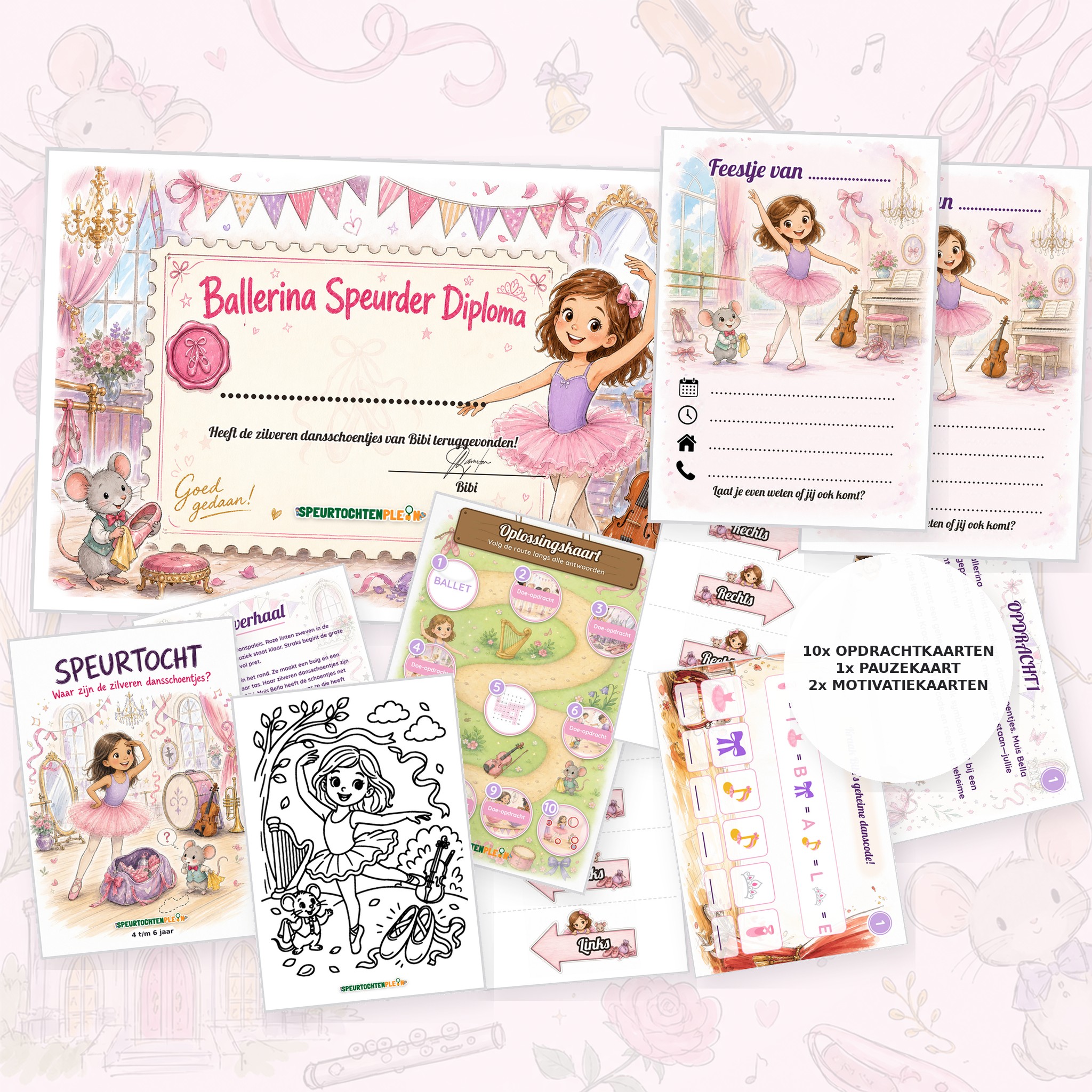 Complete Ballerina Speurtocht voor een kinderfeestje met voorblad, opdrachtkaarten, uitnodigingen, diploma en kleurplaat